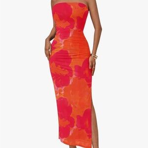 Strapless Orange & Pink Floral Bodycon Maxi Dress